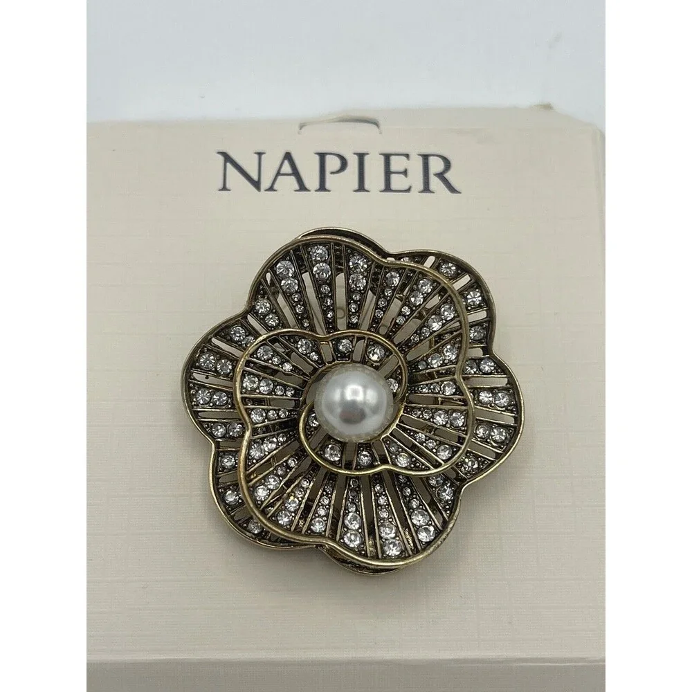 Napier Crystal & Pearl Antique Gold Tone Spiral Flower Brooch New
